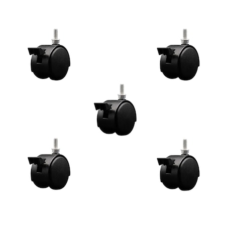 Service Caster 2'' Black Metal Hood Twin Caster with Brake Nylon Wheel 1/4 Thread Stem, 5PK SCC-TS02S50D-NYS-FB-B-142058-5